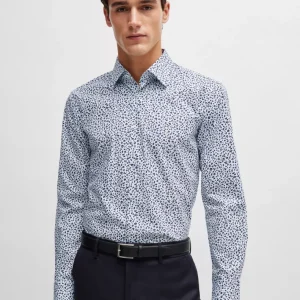 Chemise Manches Longues Ville Imprime Fleurs Bleu Moyen