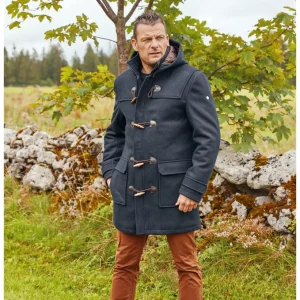 Grosse Piece Manteau Duffle Laine Brandebourg Bleu Fonce