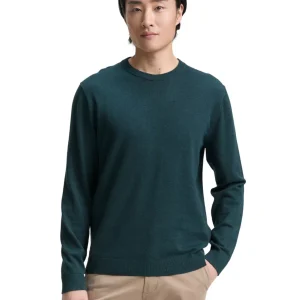 Pull Col Rond Coton Uni Vert Fonce