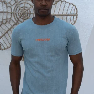 T-Shirt "FREEDOM" en Coton Texturé Bleu